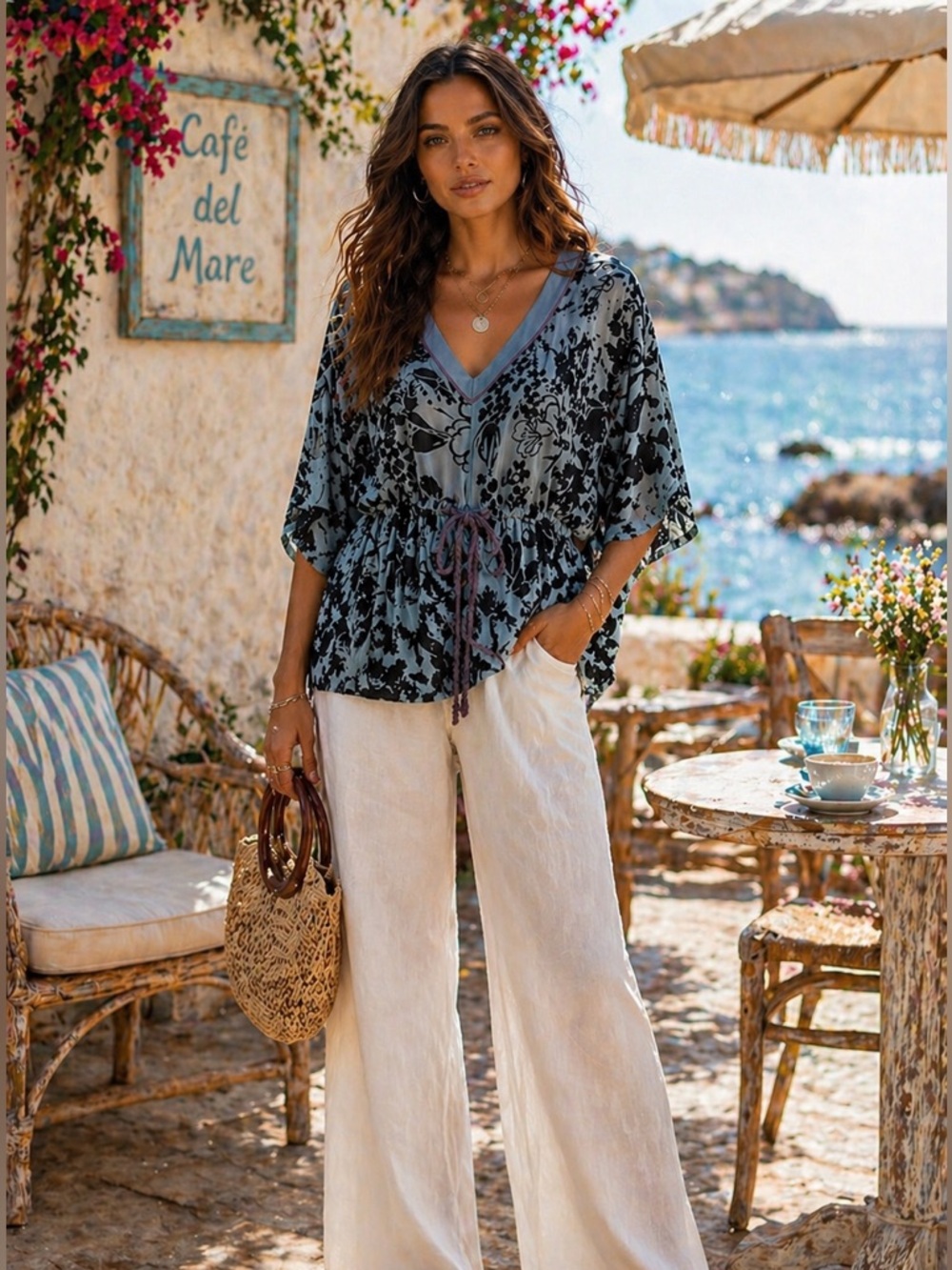 ANTHROPOLOGIE x LANGUAGE Silk & Burnout Velvet Floral Kimono Drawstring Blouse